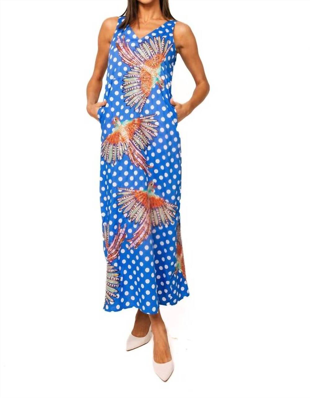NEW QUEEN OF SPARKLES polka dot bird cotton midi dress in blue & white